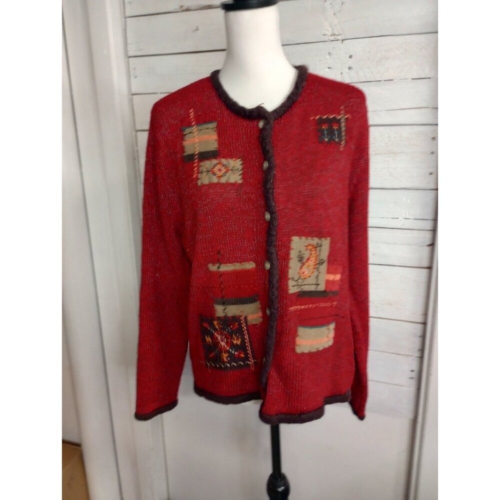 Napa Valley Button Up Cardigan/Sweater Size Large Patchwork Appliques